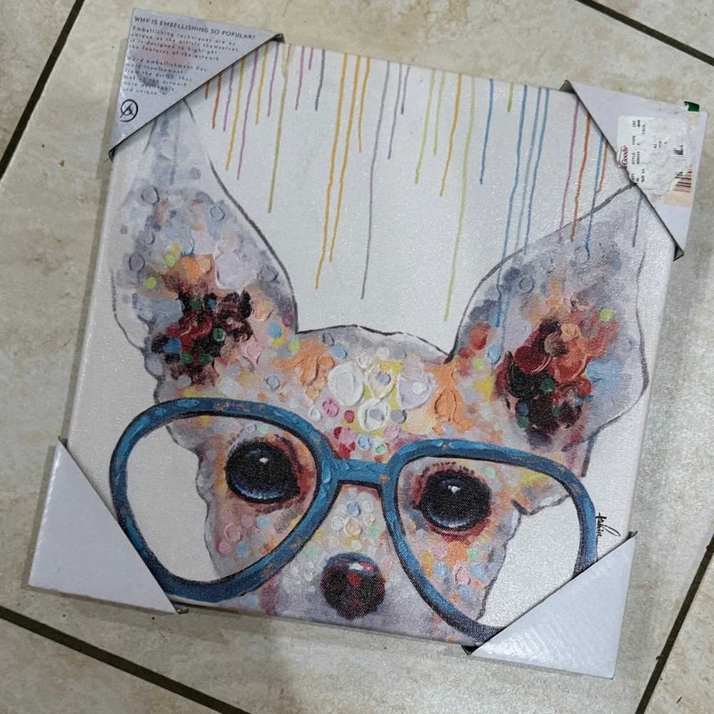 Colorful Chihuahua Art Canvas with Blue Glasses - Picture 1 of 1